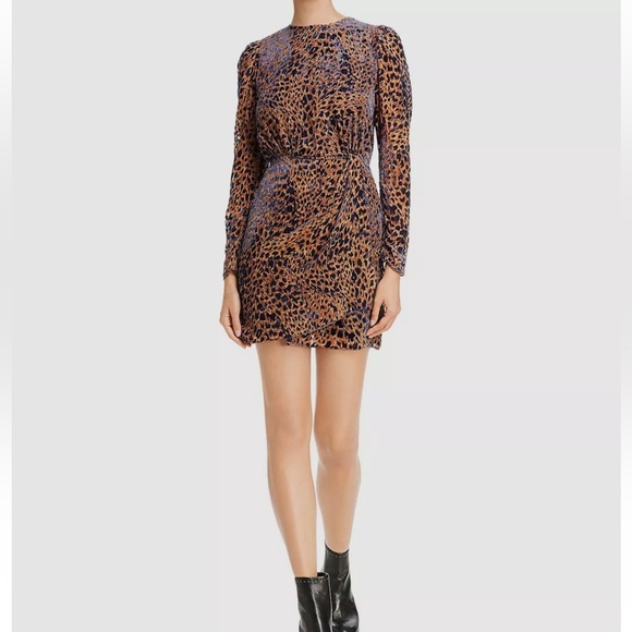 The Kooples Women Brown Blue Velvet Long-Sleeve Mini Shift Dress